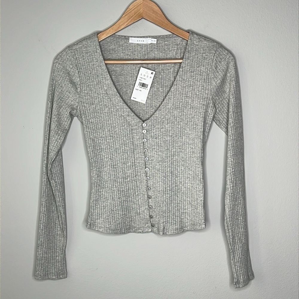 Lush Nordstrom Button Up Long Sleeve Cropped Top in Grey Size XS NWT!